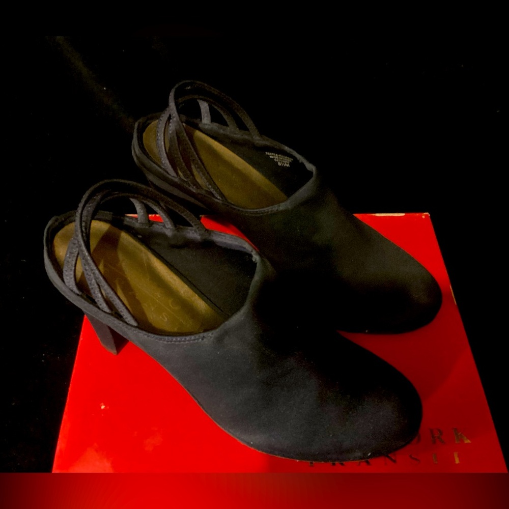 New York Transit, navy blue suede, high heel mules in size 8 1/2.